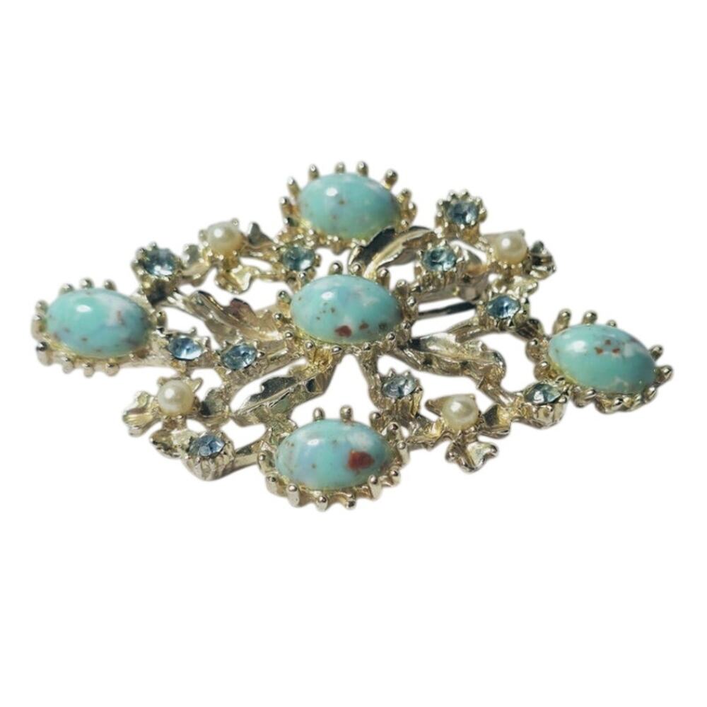 Turquoise Cabochon Floral Cluster Gold Brooch Blue Rhinestone Classic Elegance - Picture 2 of 6